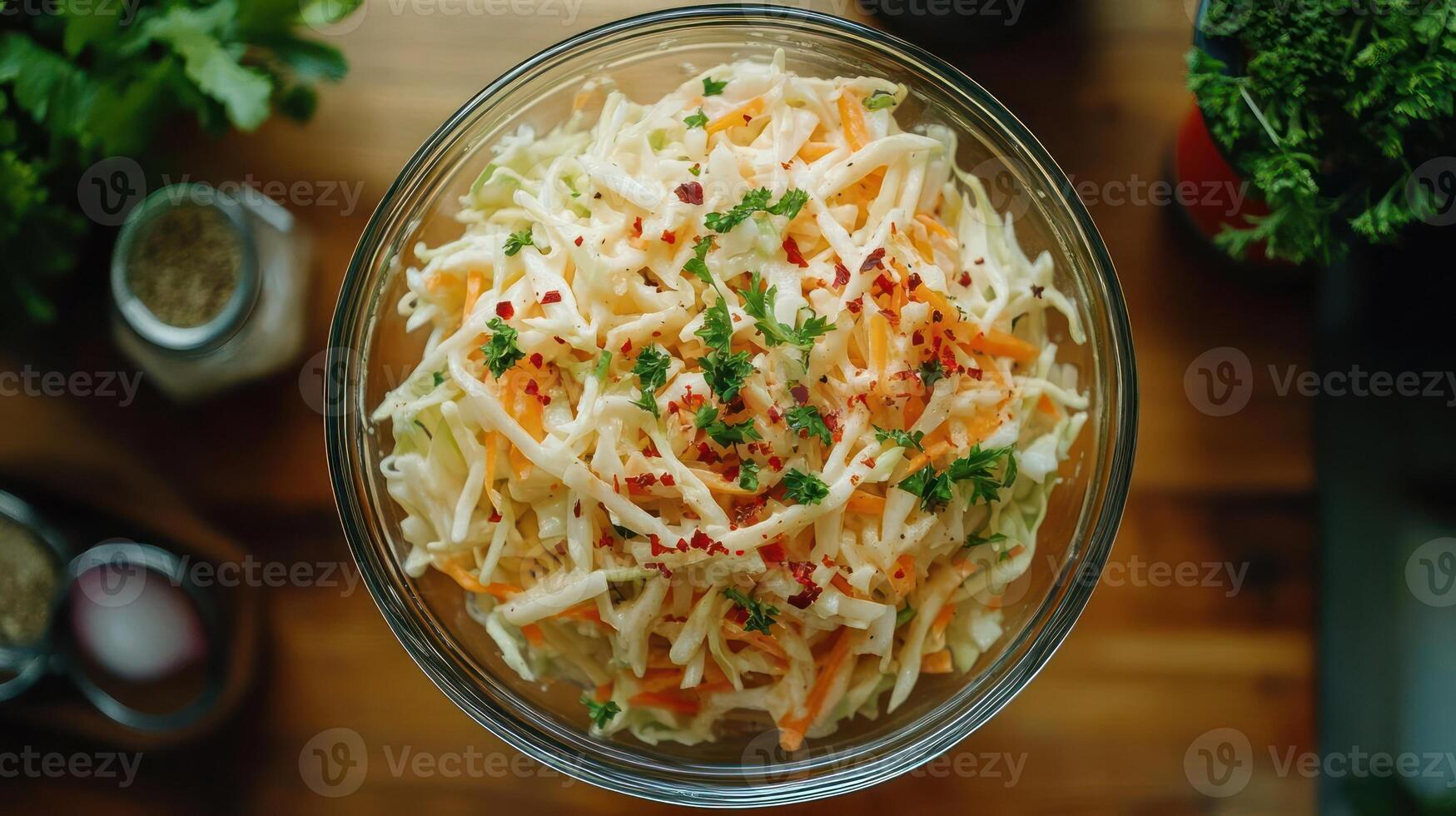 Bowl of coleslaw on a wooden table photo