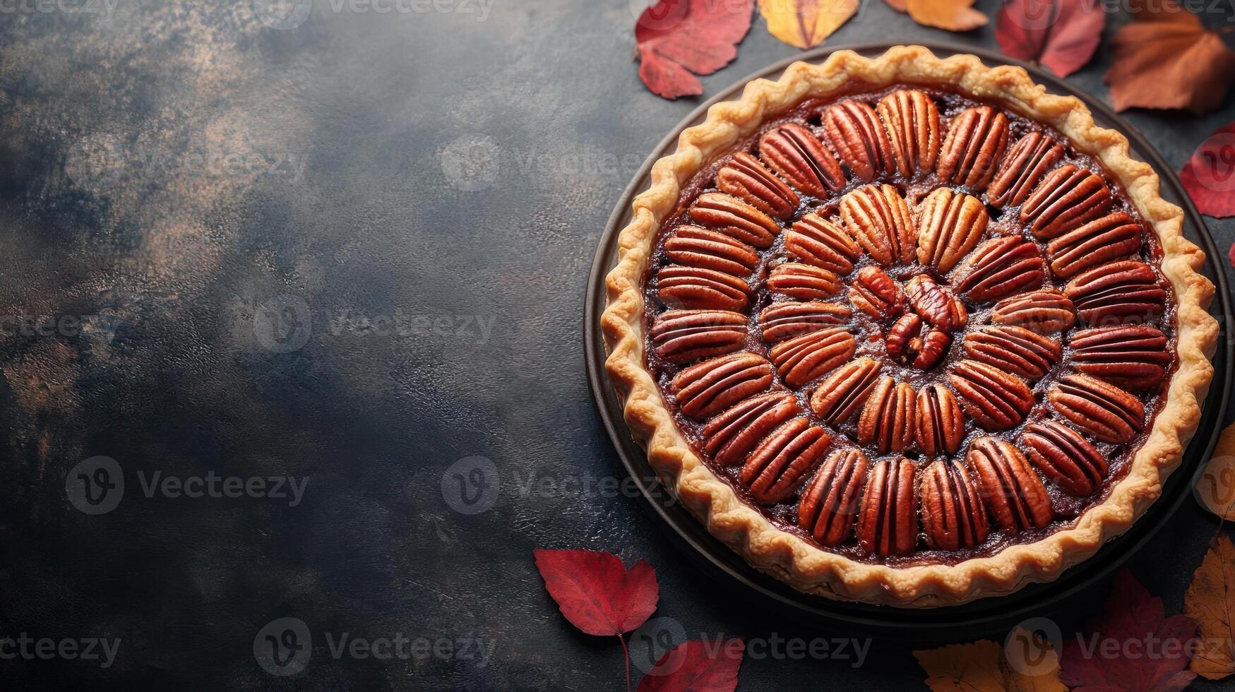 A pecan pie with a decorative crust and a few leaves around it. photo