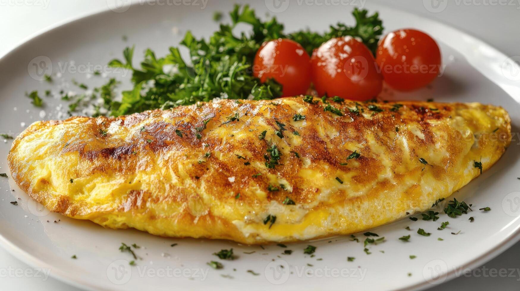 A plate of food with an omelette and vegetables photo