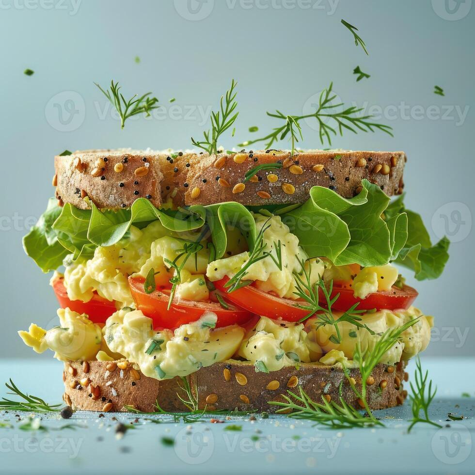 A sandwich with egg, tomato and lettuce on it photo