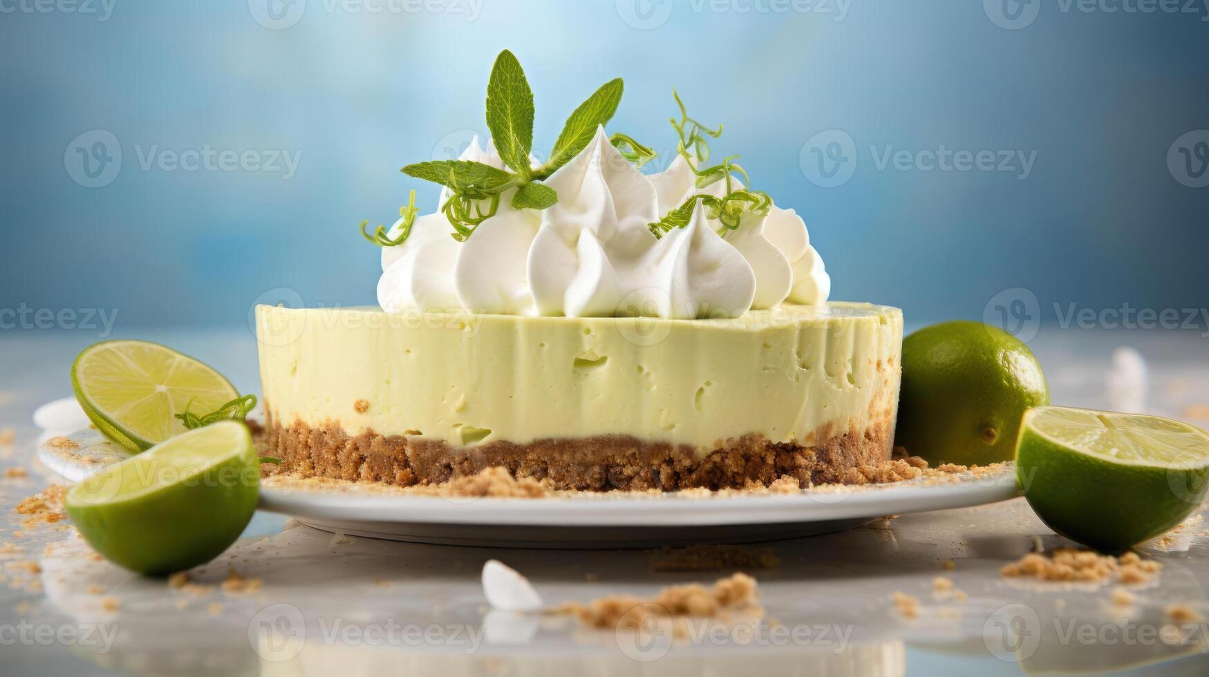 Lime pie with whipped cream and lime wedges on a plate. photo
