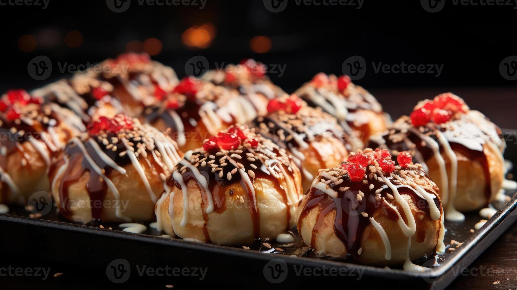 Delicious donut-shaped sushi with sweet and savory toppings. photo