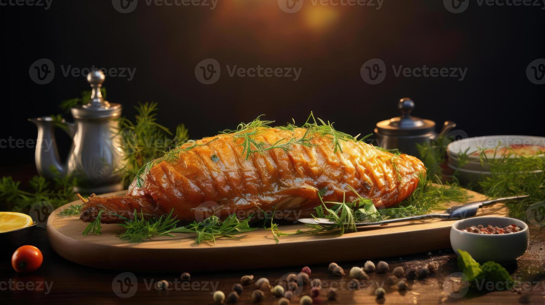 Whole roasted duck with herbs and spices on a wooden board. photo
