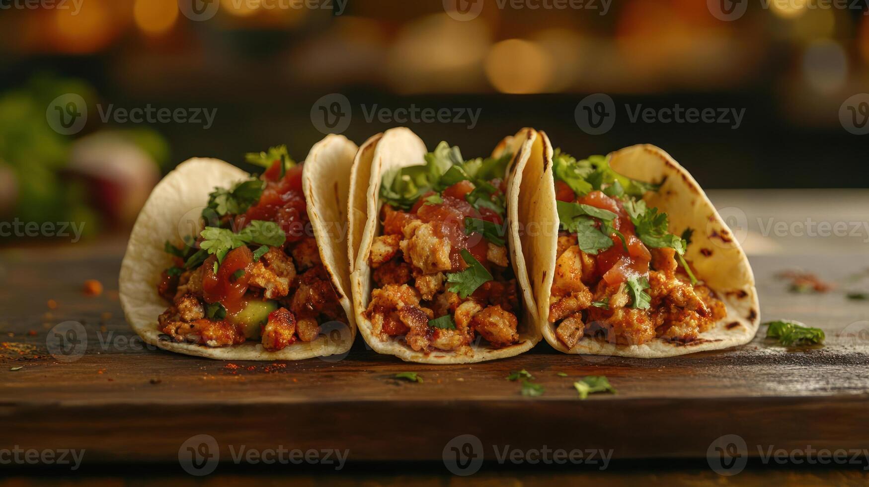 Five tacos with meat and toppings on a wooden table photo