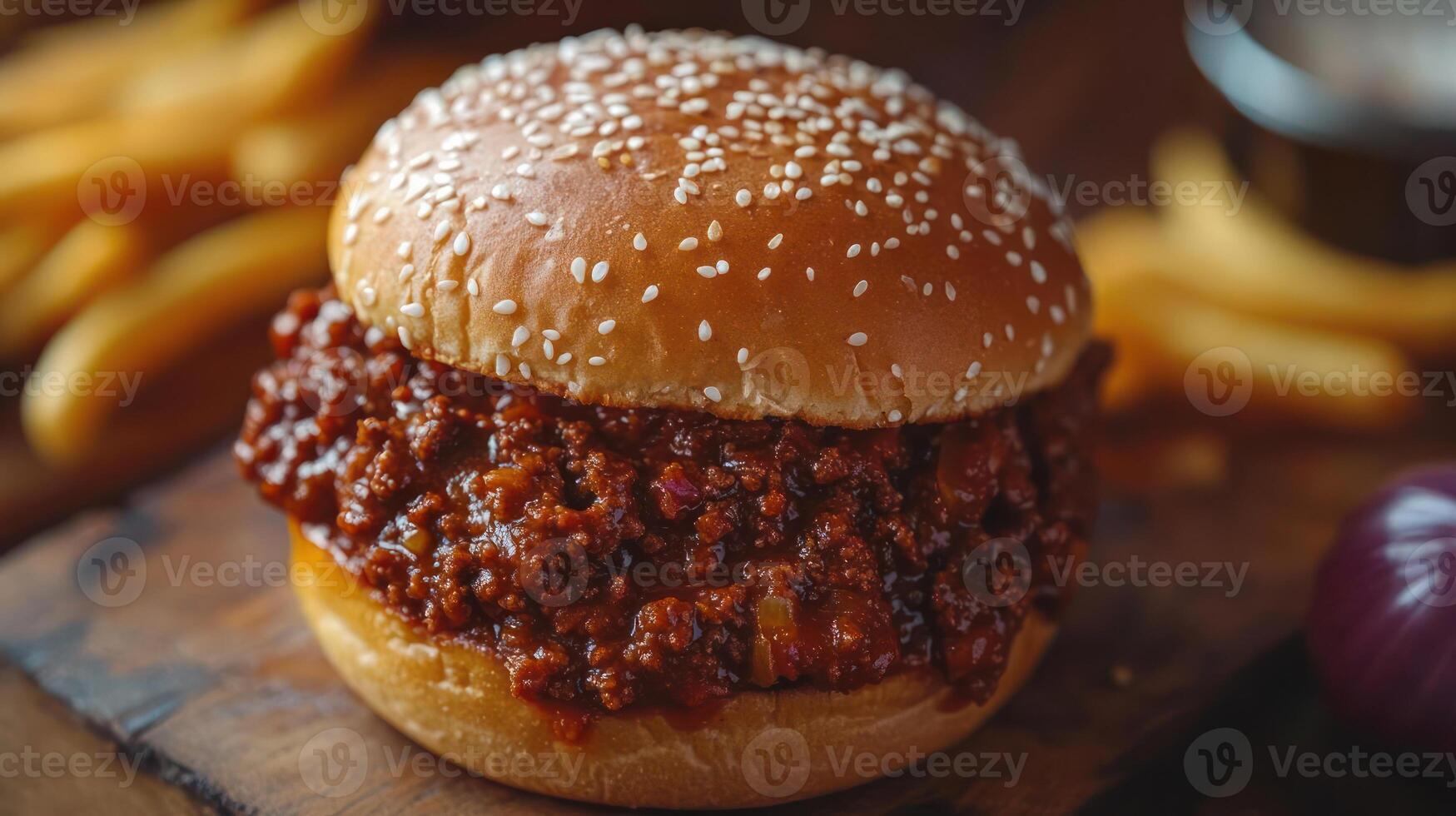 A close-up of a sloppy joe sandwich on a sesame seed bun. photo
