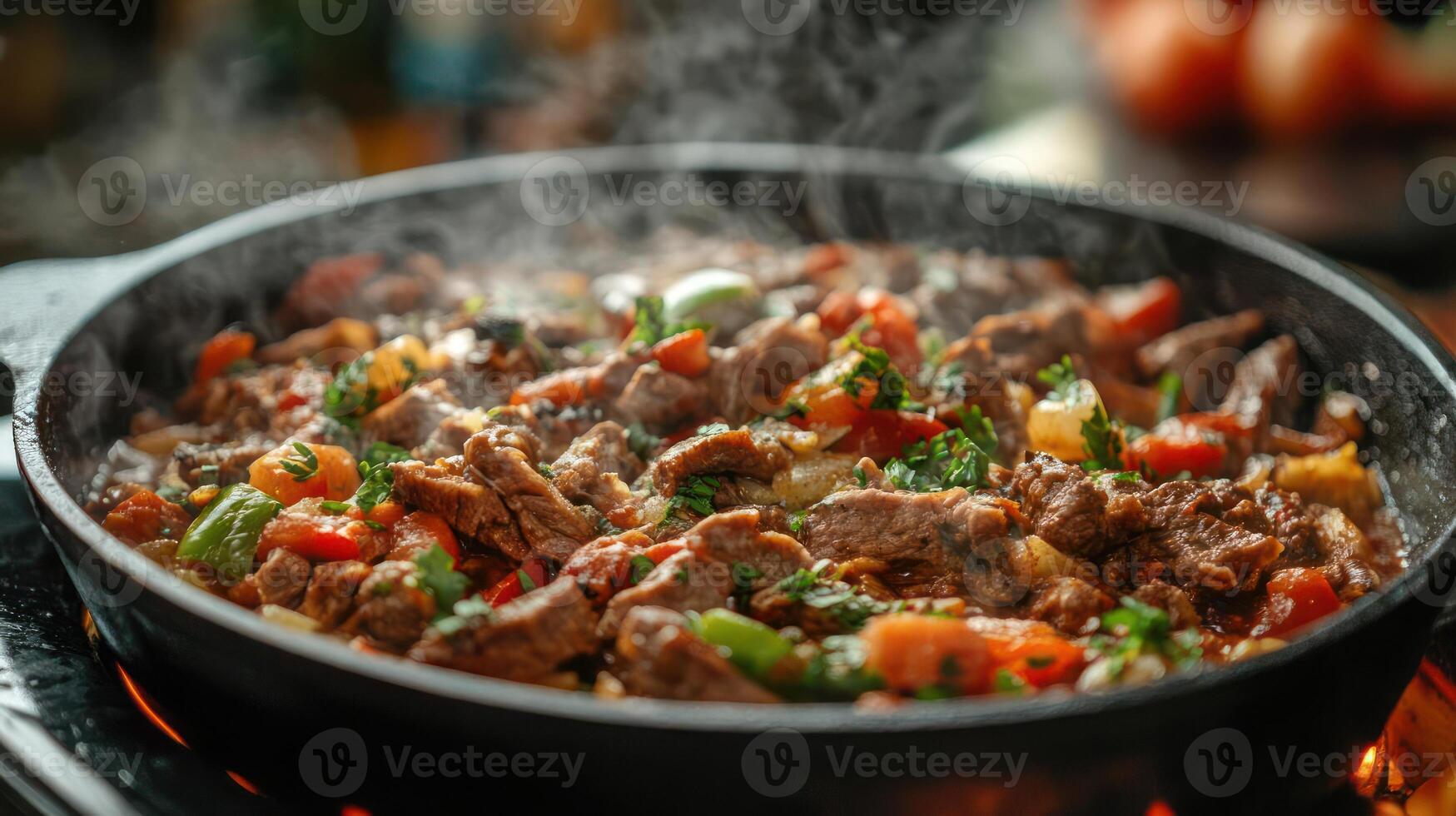 A pan of beef stir-fry with vegetables and seasonings. photo