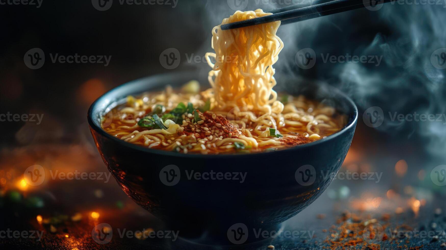Chopsticks in bowl of ramen noodles photo