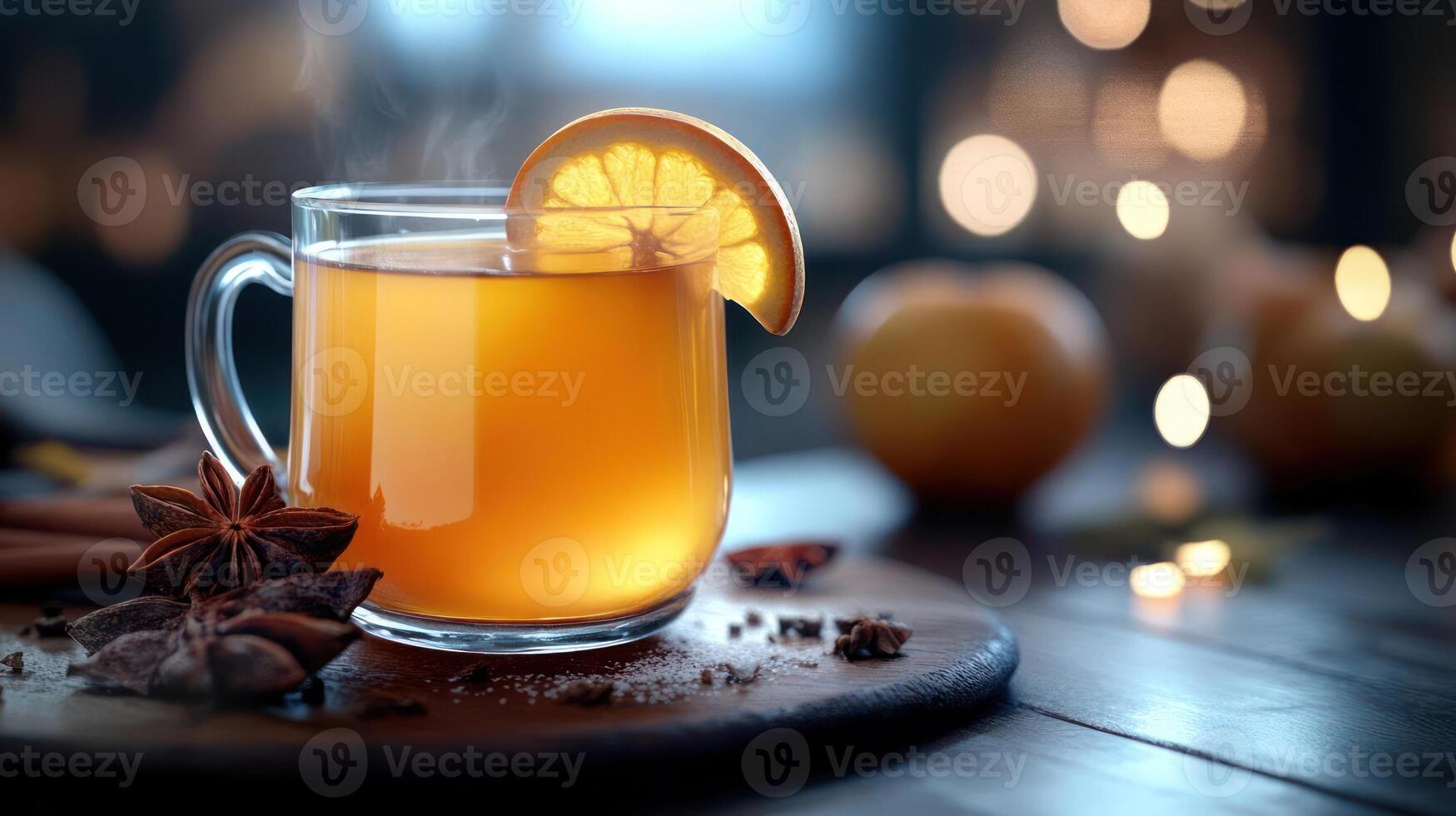 A glass of hot tea with lemon and spices photo