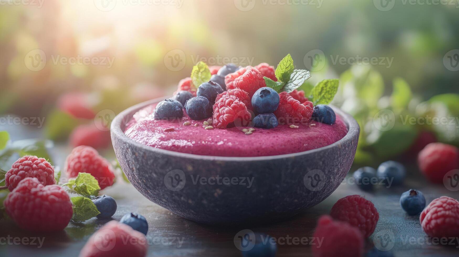 Raspberry Smoothie Bowl with Fresh Berries and Granola photo