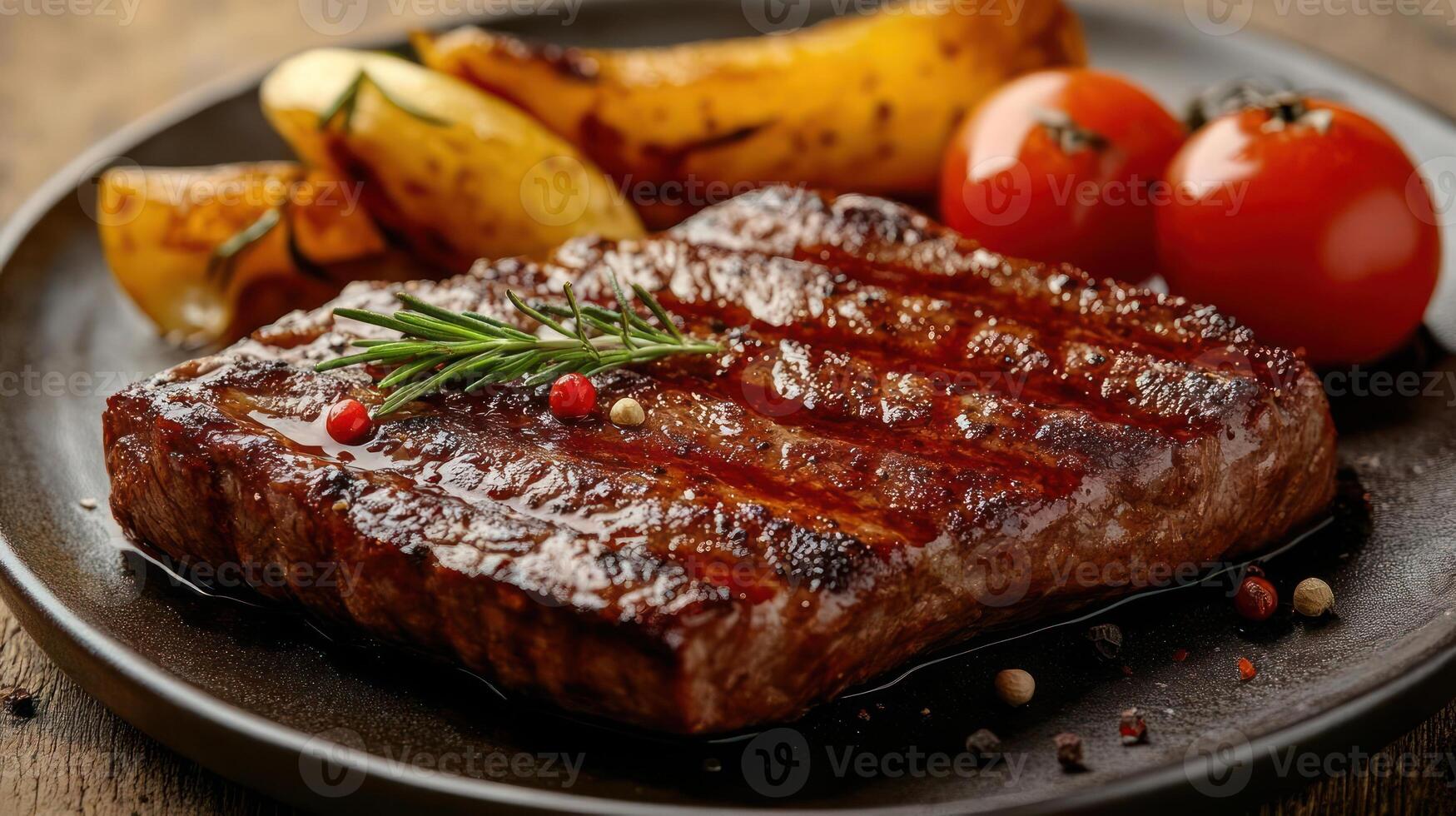 A steak with grilled tomatoes and potatoes on a plate photo