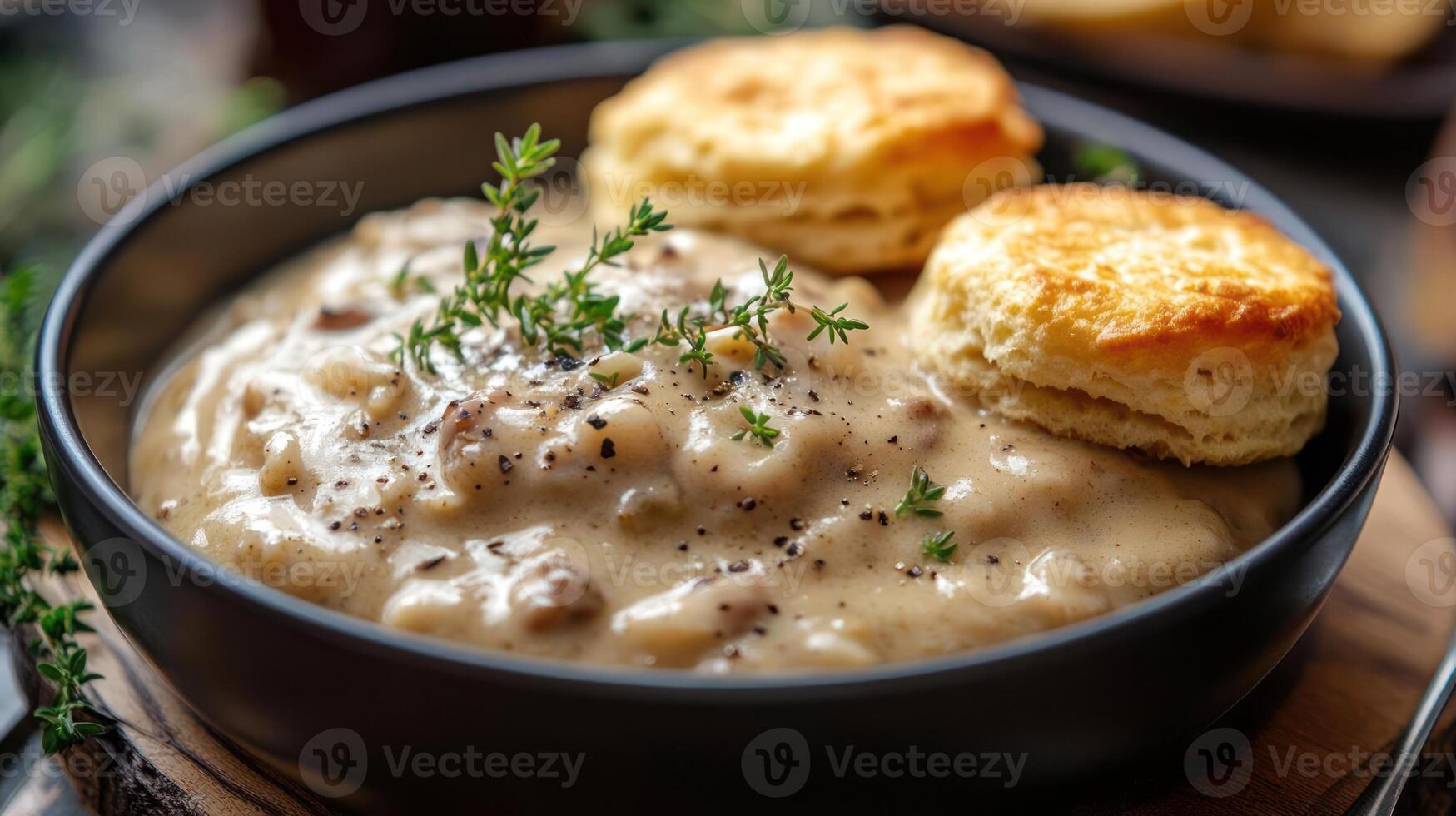 Bowl of creamy soup with biscuits and herbs photo