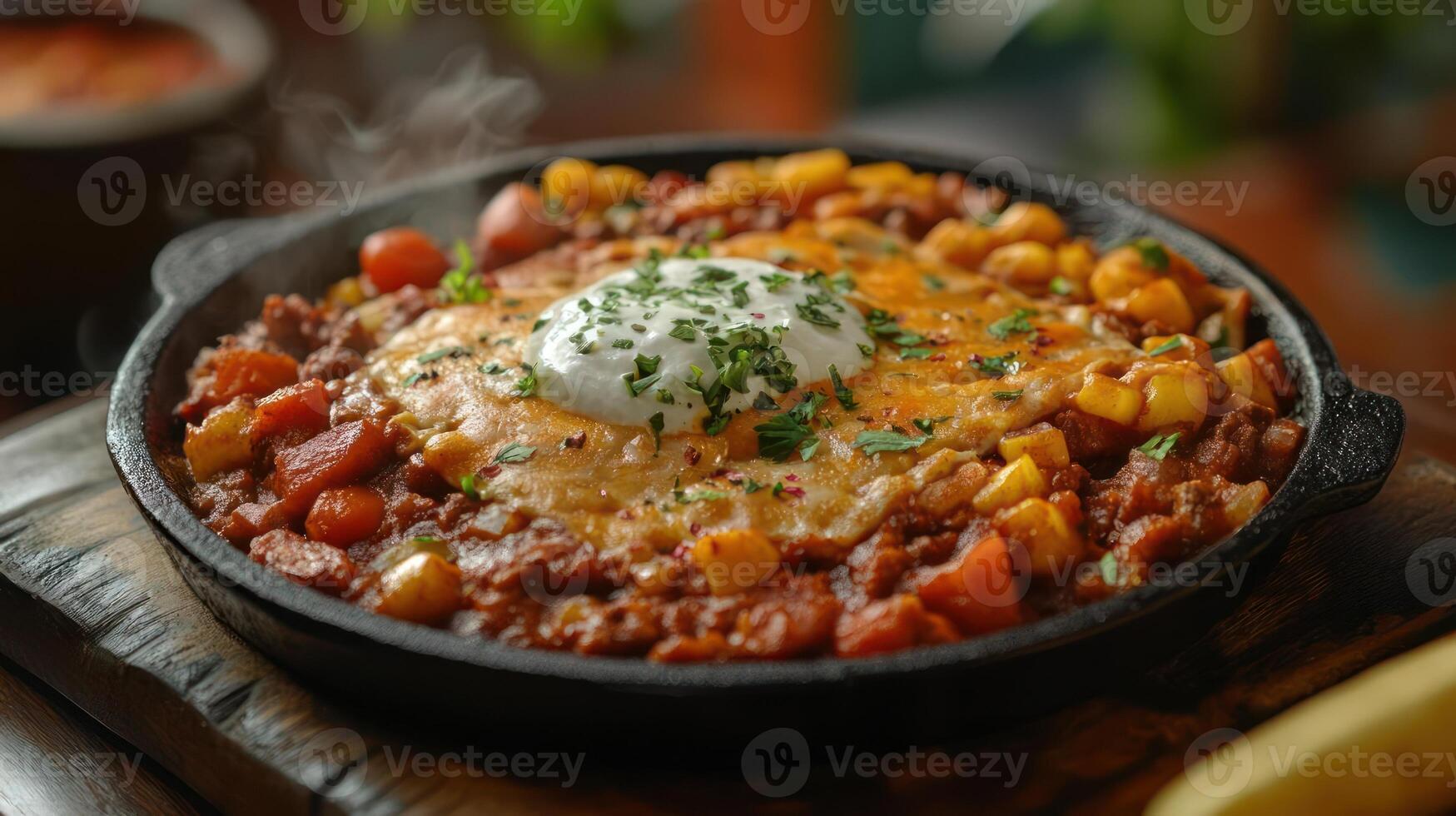 A hearty chili dish topped with melted cheese and a poached egg. photo