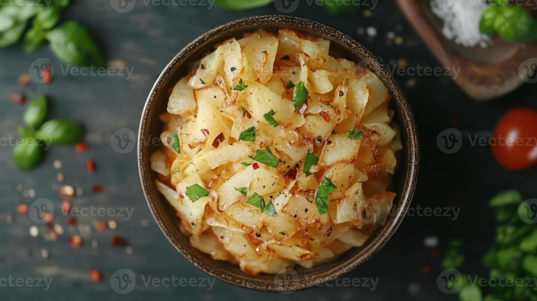 A bowl of potatoes with herbs and spices photo
