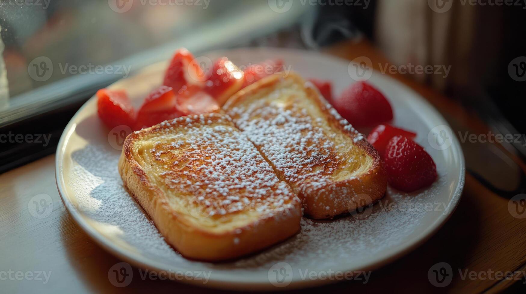 A plate of French toast with powdered sugar and strawberries photo