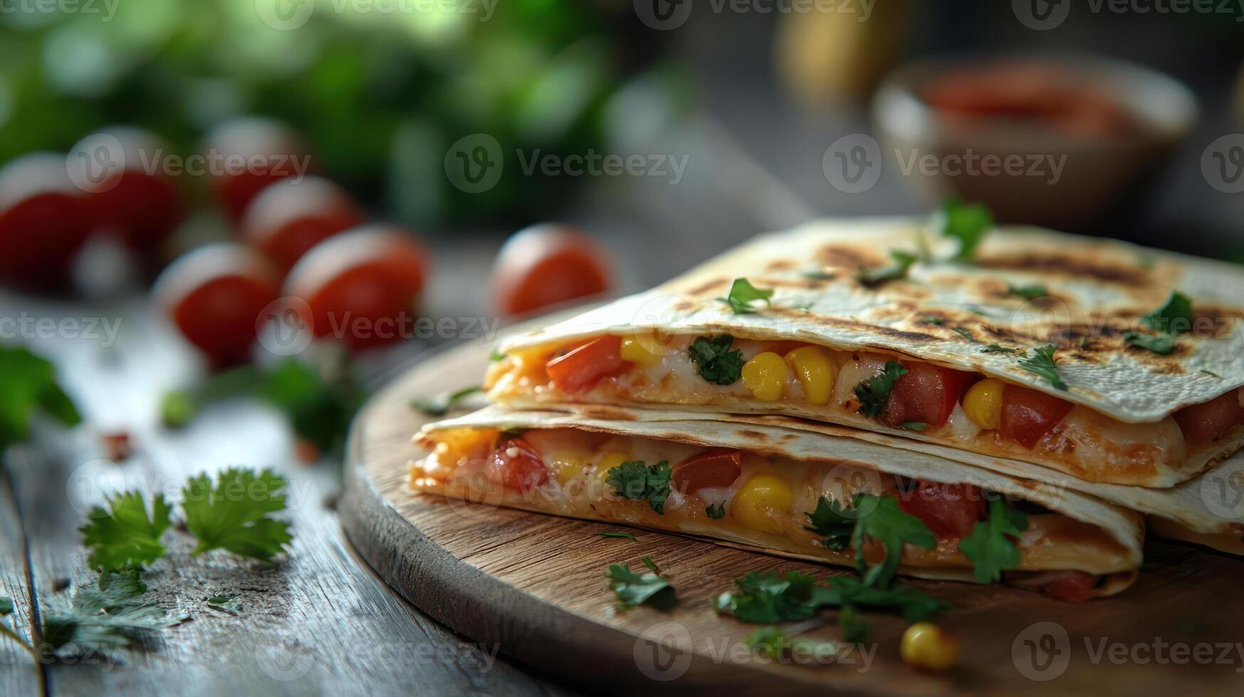 Stacked quesadillas with cheese and veggies on a wooden table photo