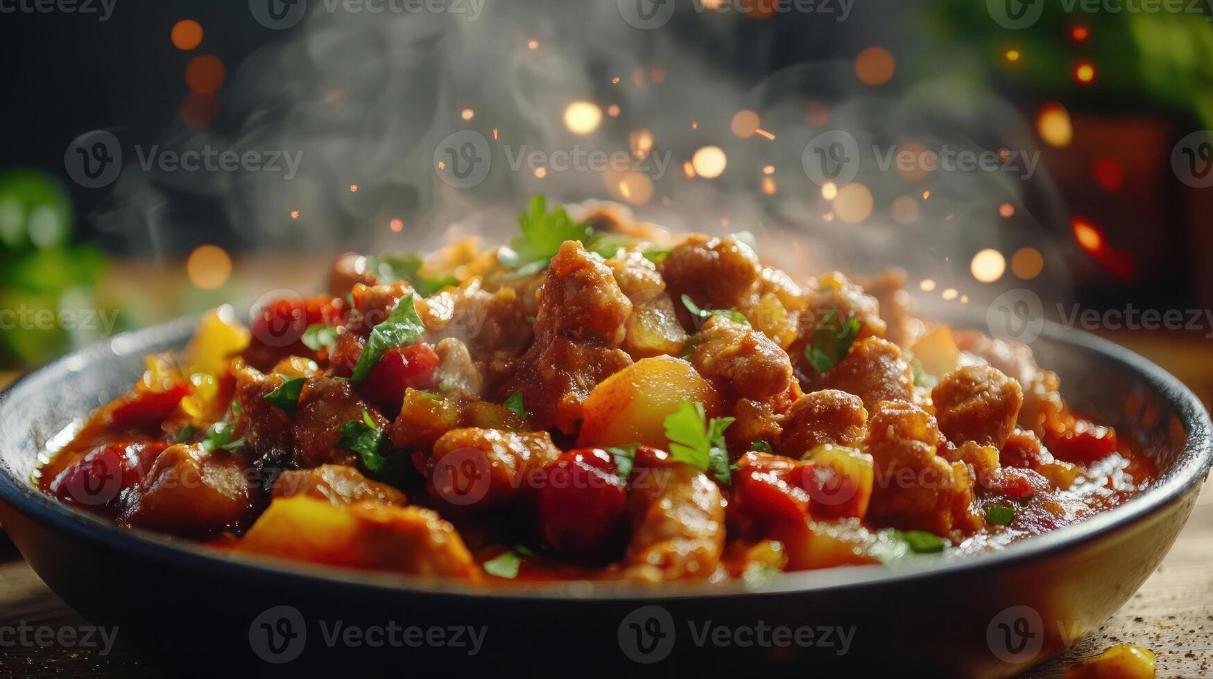 A steaming bowl of savory stew with tender meat and vegetables photo