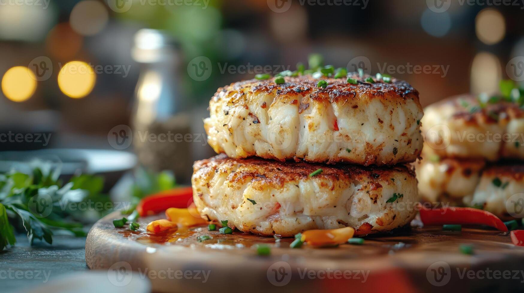 Pan-seared crab cakes on a wooden board photo