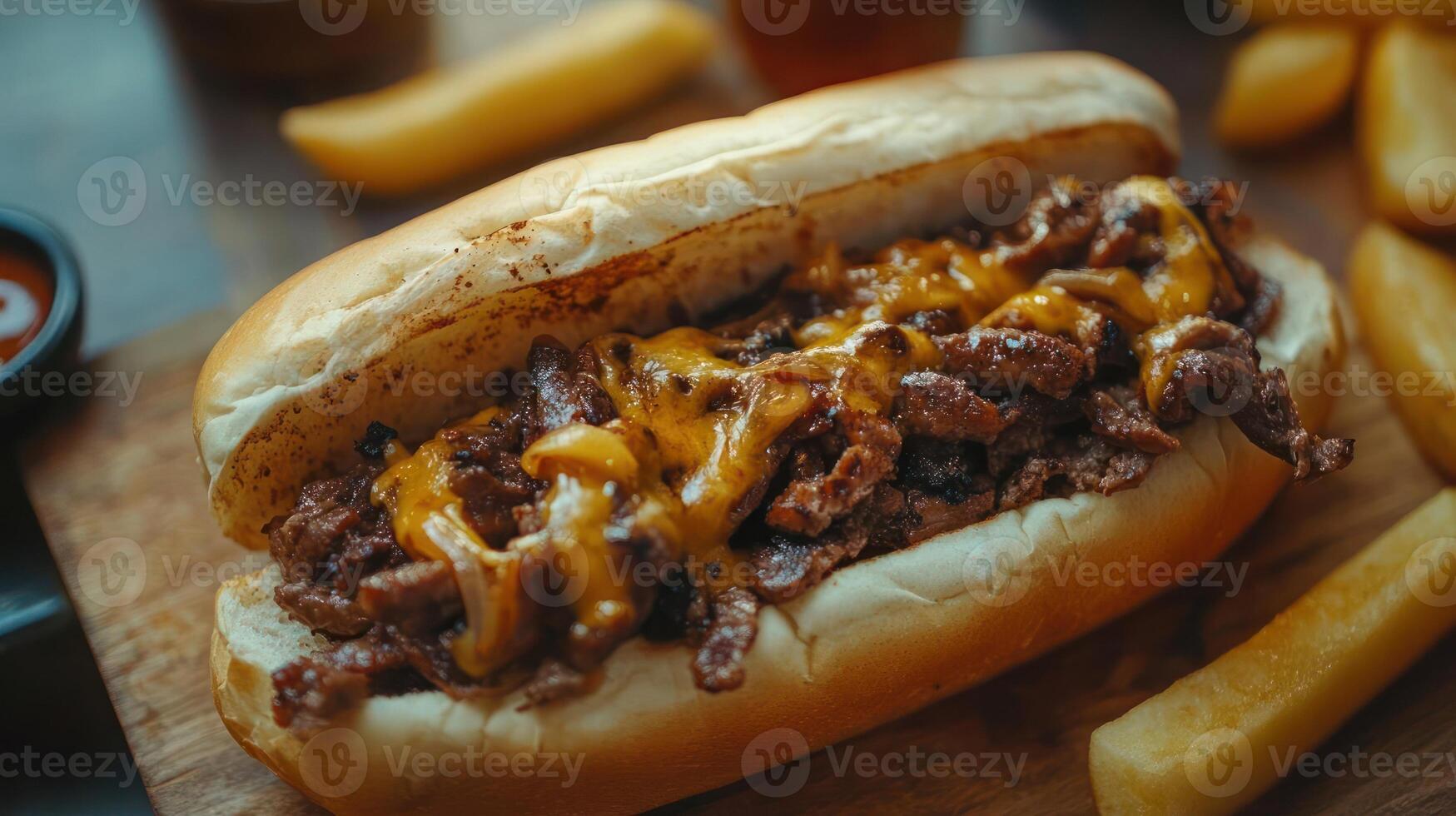 A Cheesesteak Sandwich with Melted Cheese and Fries photo