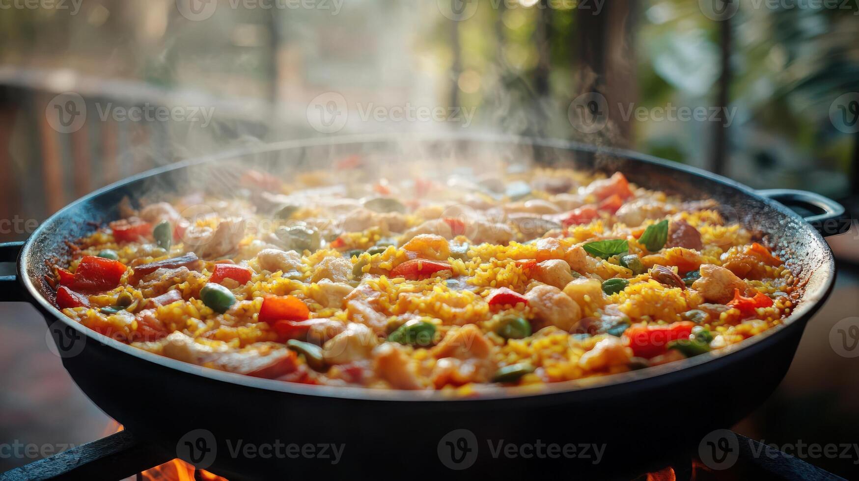 A large pan of yellow rice and vegetables cooking over an open flame photo