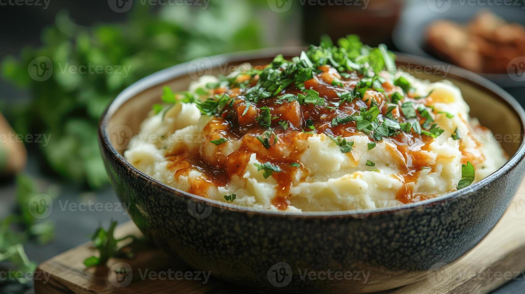 Bowl of mashed potatoes with gravy and herbs photo