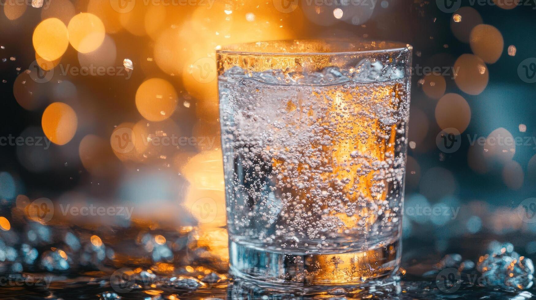 A glass of sparkling water or soda with bubbles and ice photo