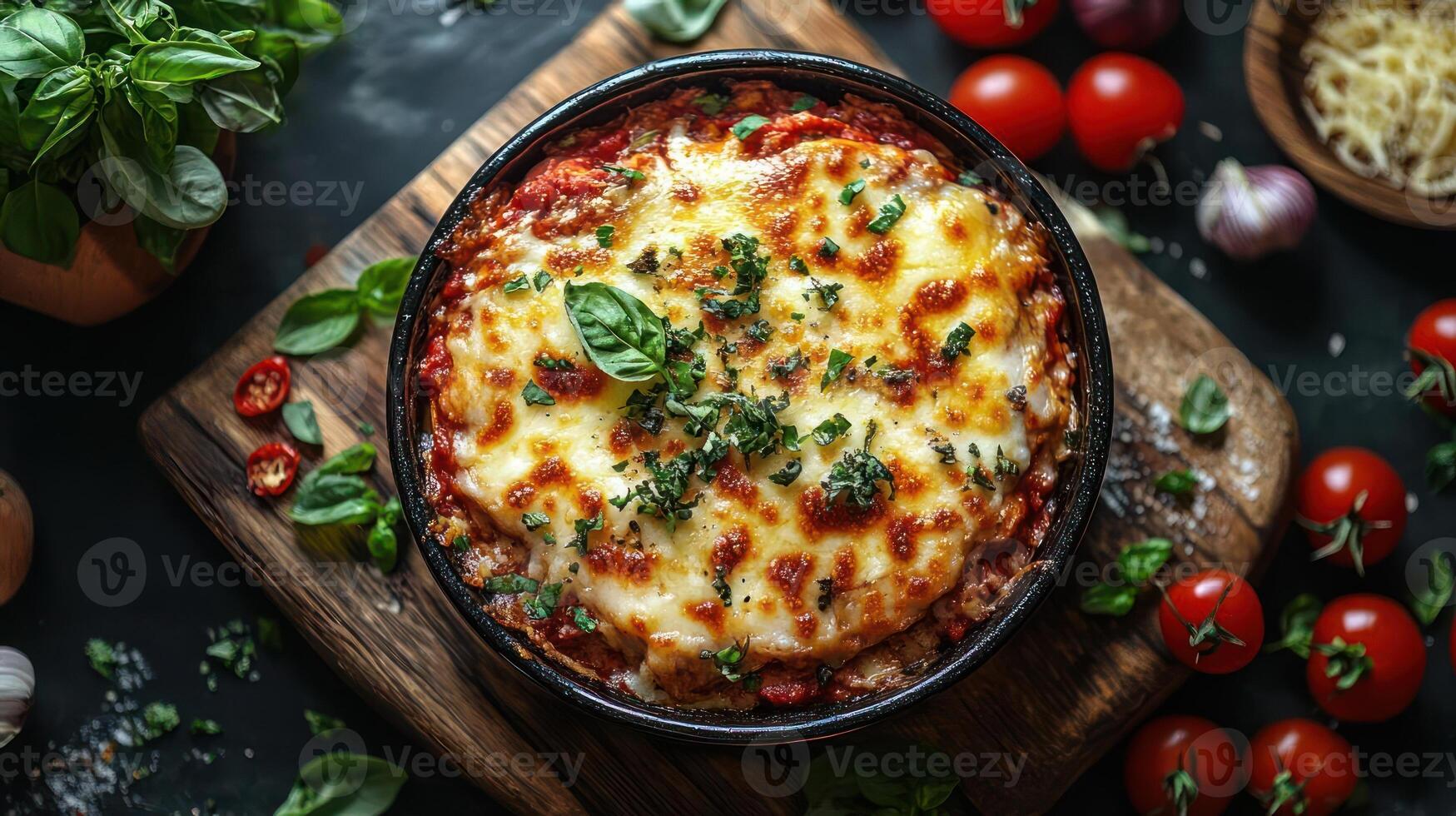 A delicious-looking lasagna dish topped with melted cheese and fresh basil leaves photo