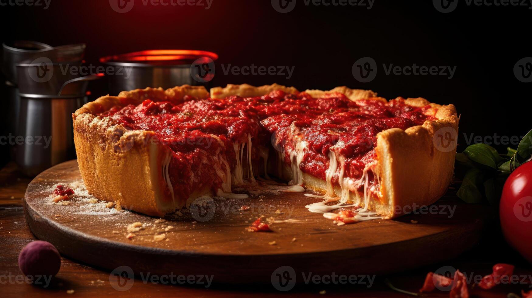 A Chicago-style deep-dish pizza with melted cheese and tomato sauce. photo