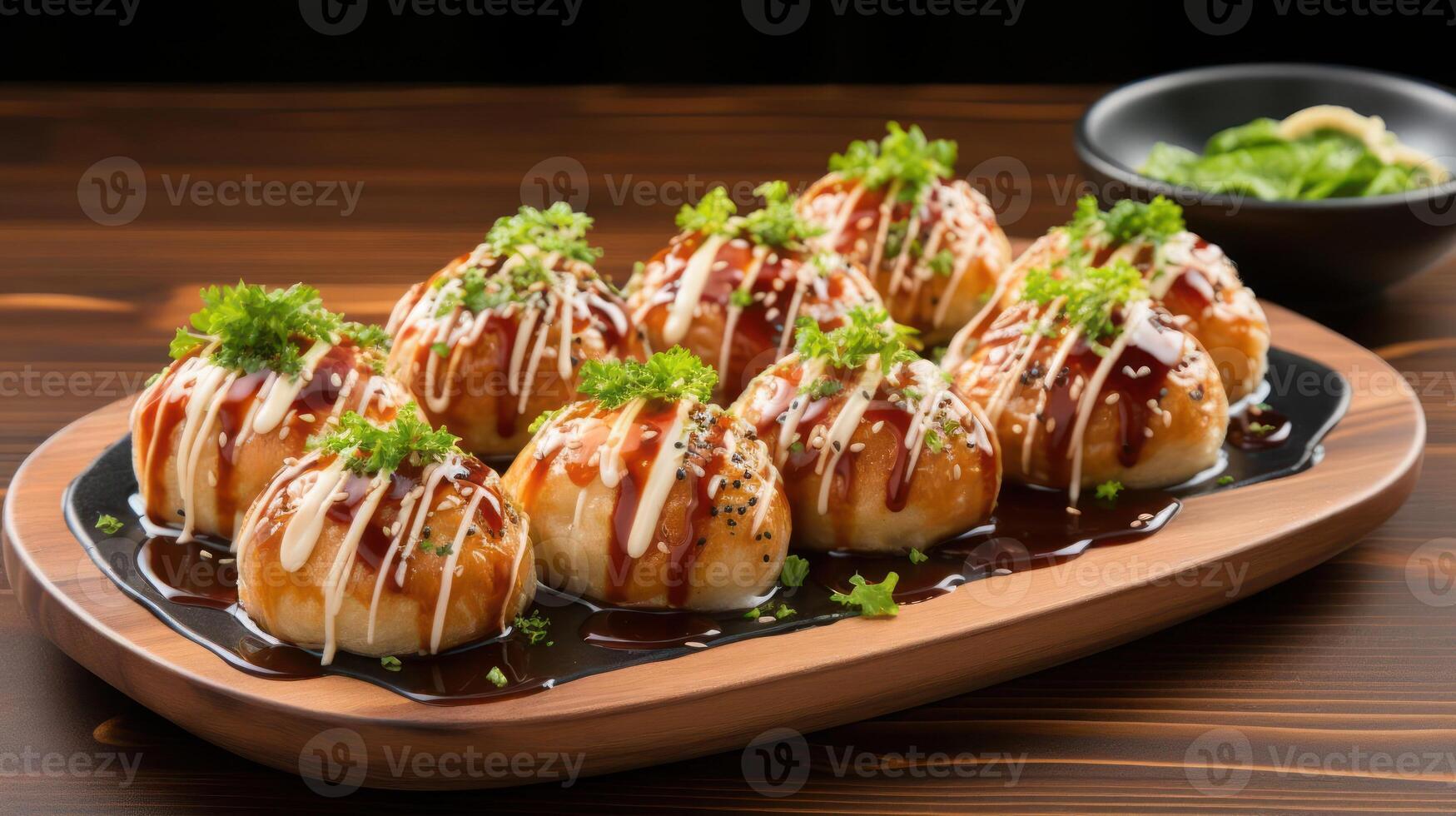 Japanese Takoyaki on a plate with sauce and garnish photo