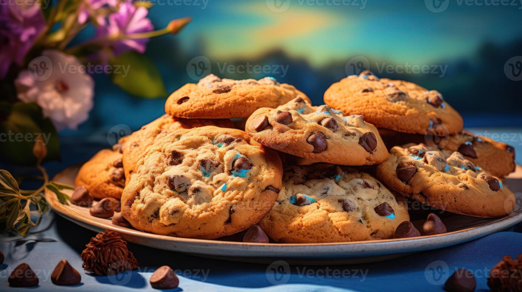 delicious chocolate chip cookies on a plate photo