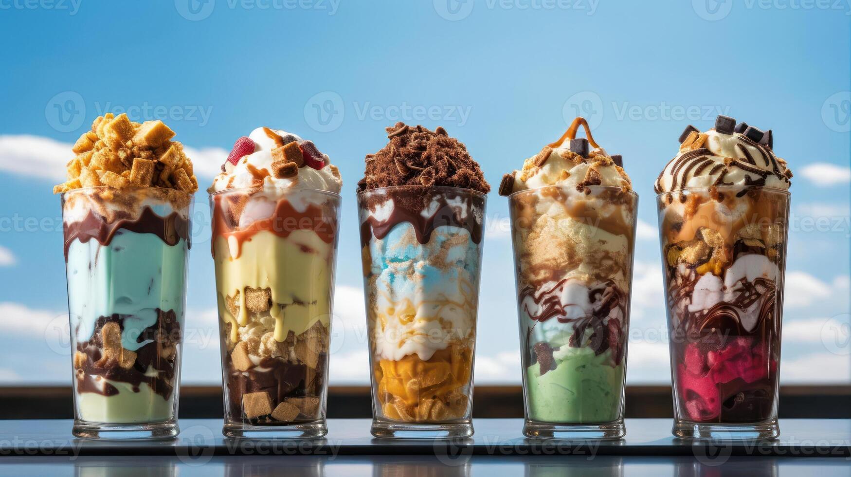 Five glasses with colorful ice cream parfaits. photo