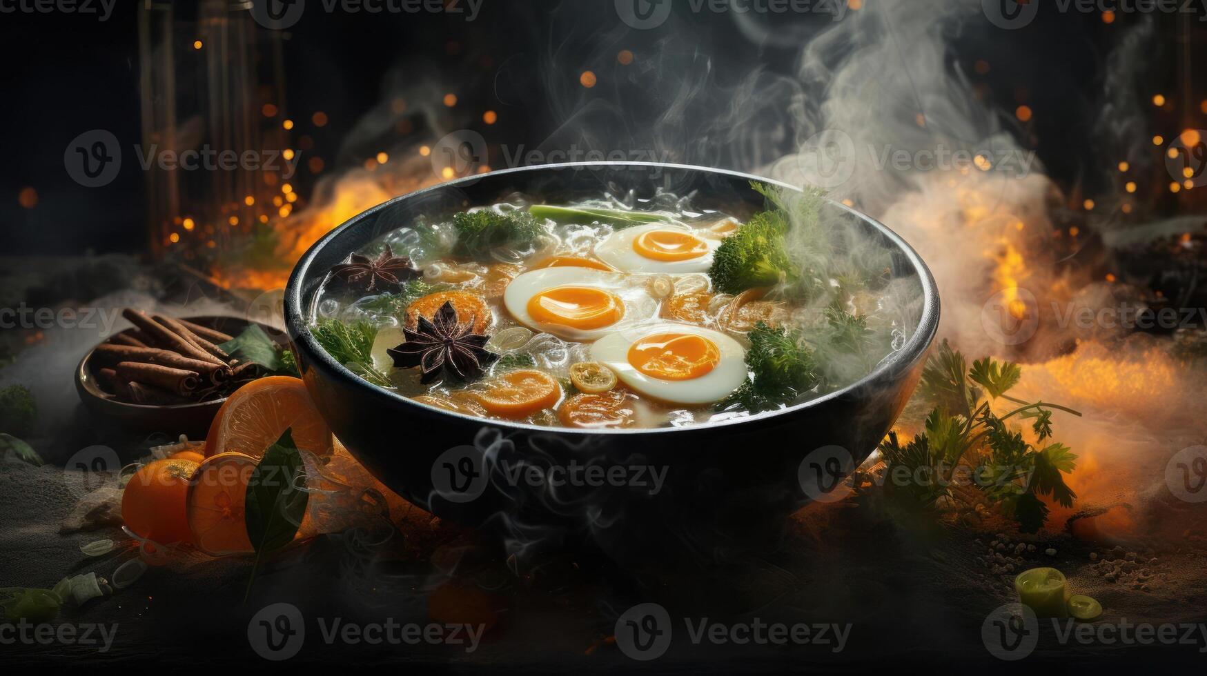 A steaming bowl of ramen noodles with vegetables and eggs. photo