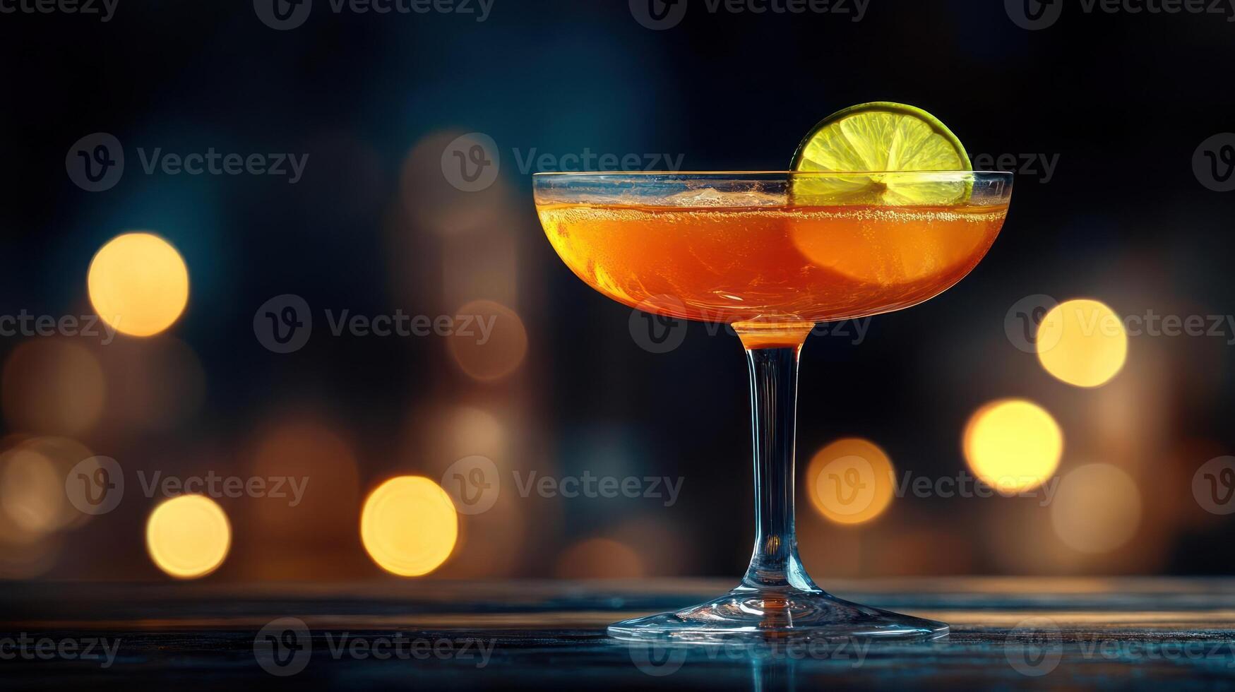 A cocktail with a lime garnish on a bar. photo