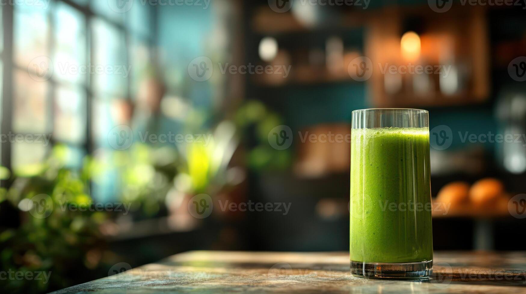 Green smoothie or juice in a glass on table photo