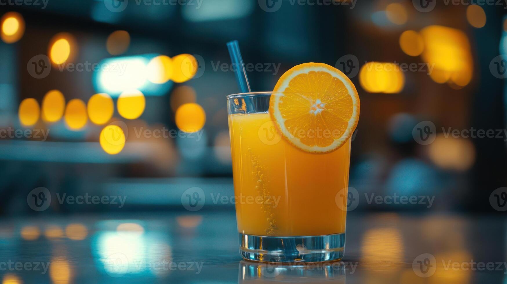 A glass of orange juice with a slice of lemon on the side. photo