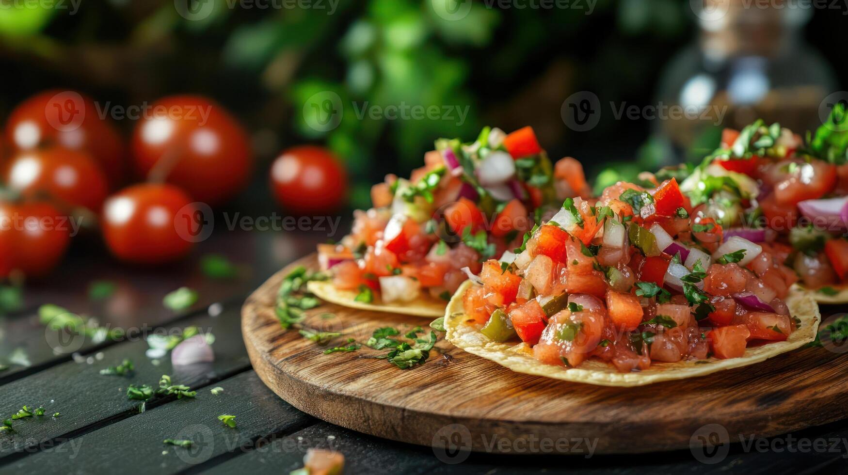 Three salsa topped corn tortillas on a wooden cutting board photo