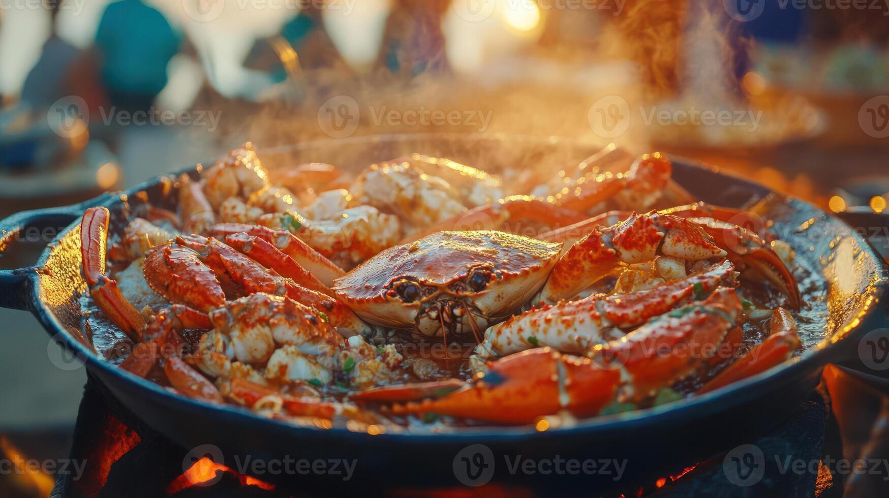 A large pan of spicy crabs cooking on a grill. photo