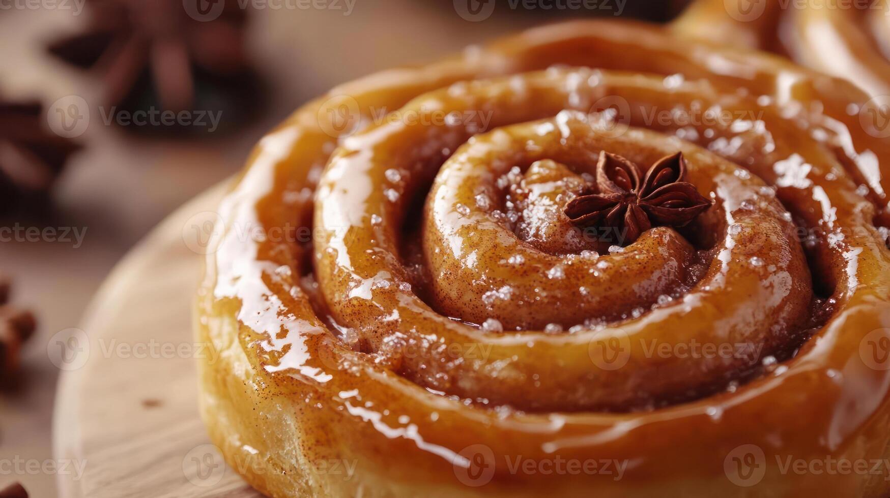 Glossy Cinnamon Roll with Star Anise on a Wooden Board photo