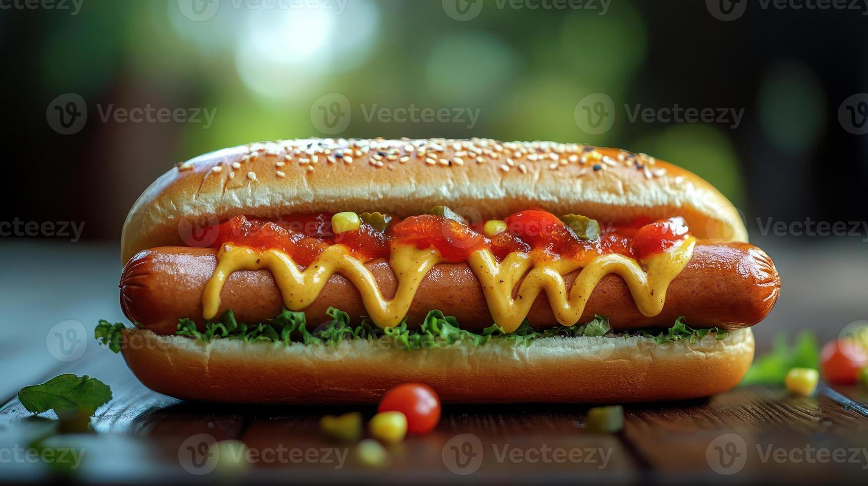A hot dog with ketchup and cheese on it photo