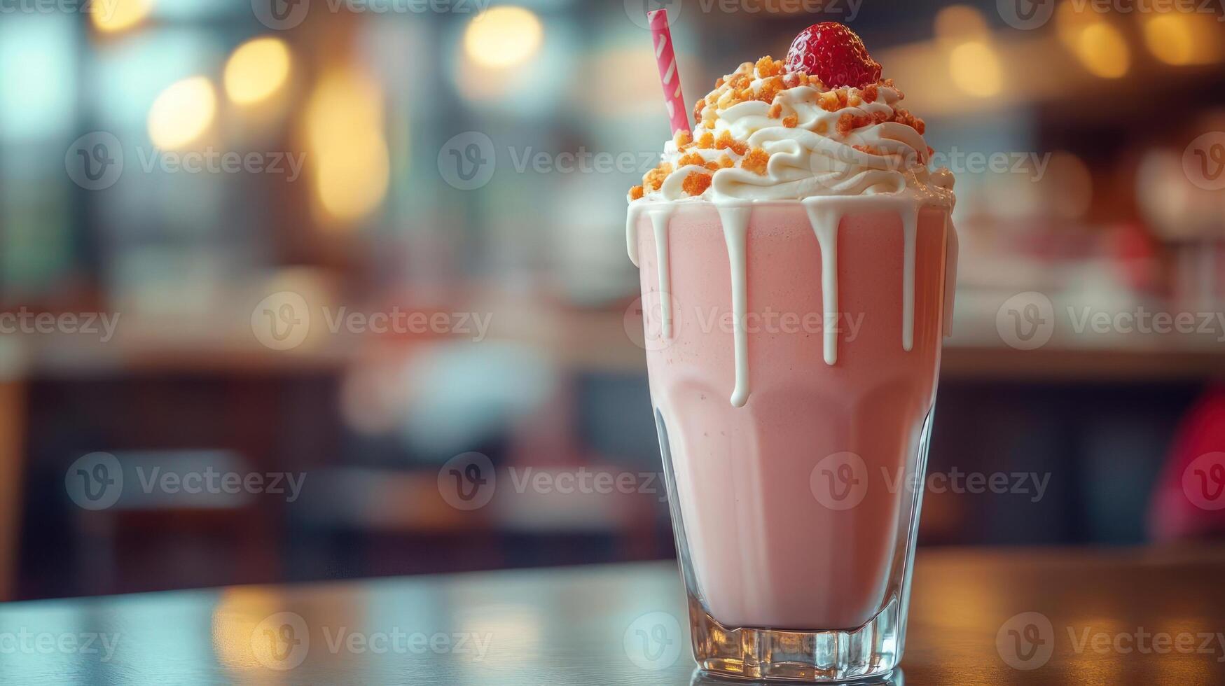 A tall glass filled with a pink strawberry milkshake photo