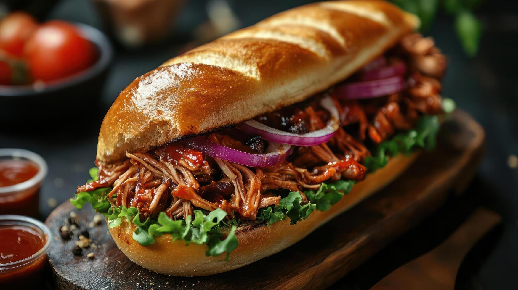 Delicious pulled pork sandwich with BBQ sauce and red onion photo