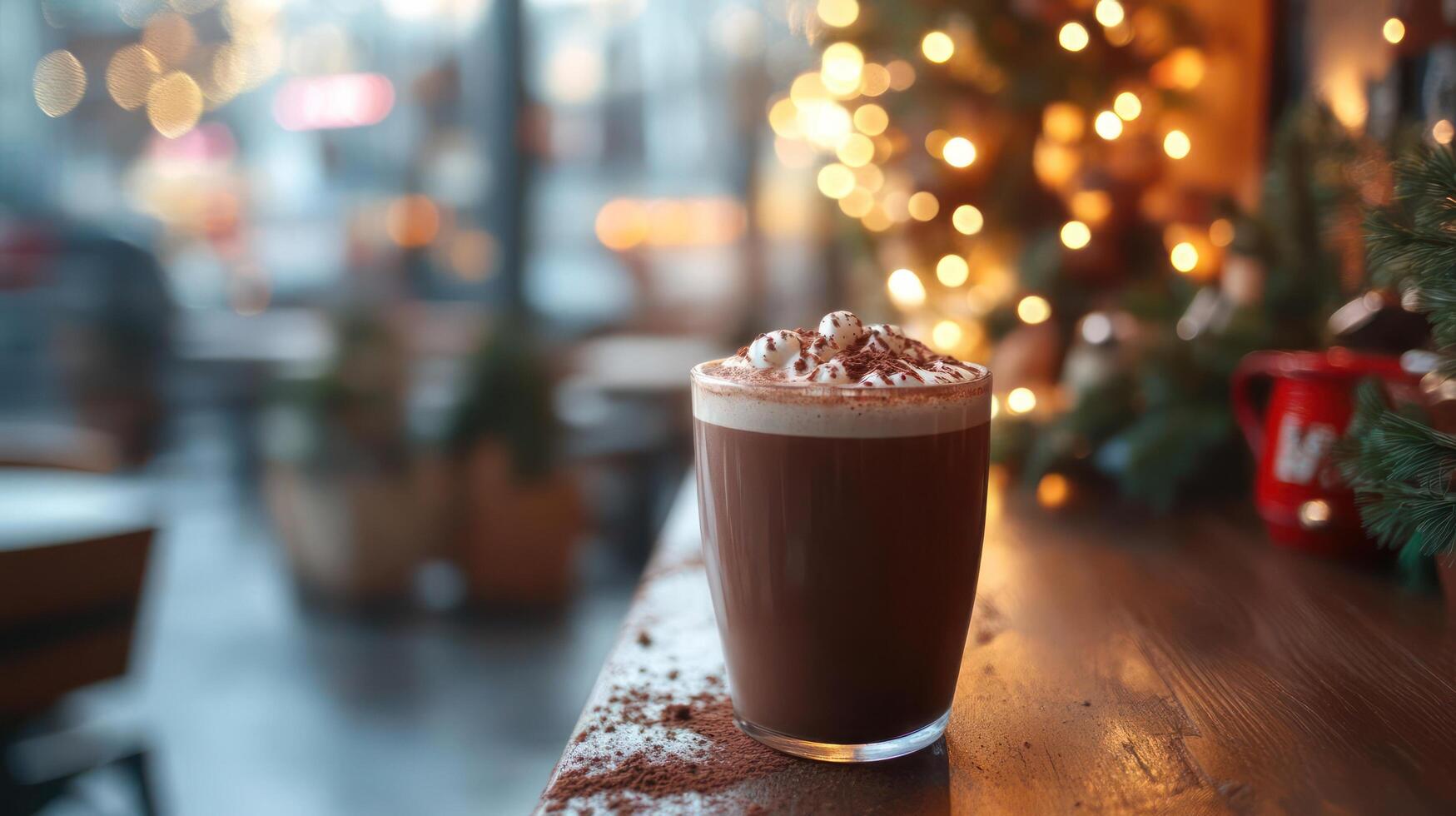 A glass of hot chocolate on a table with Christmas decorations photo