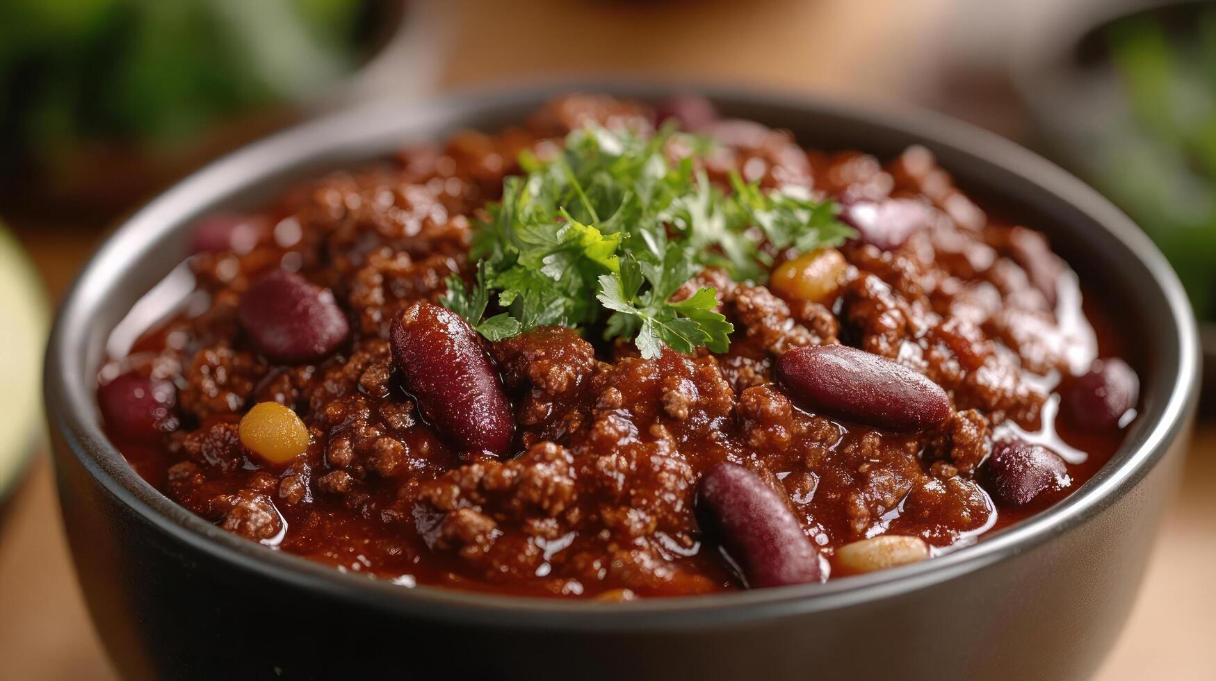 A bowl of chili with beans and herbs. photo