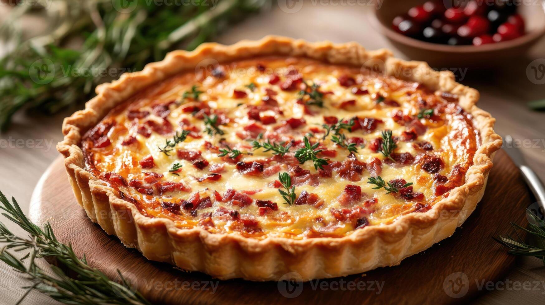 A quiche with bacon and herbs on a wooden table photo