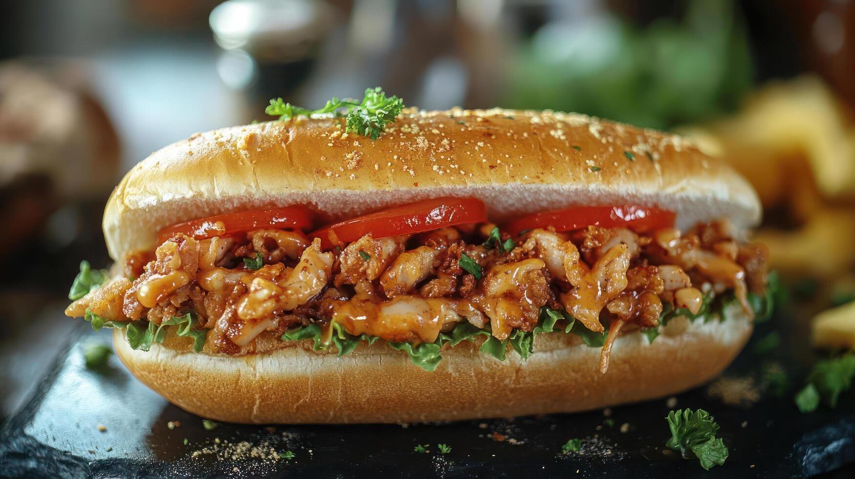 A delicious looking sandwich with meat and vegetables. photo