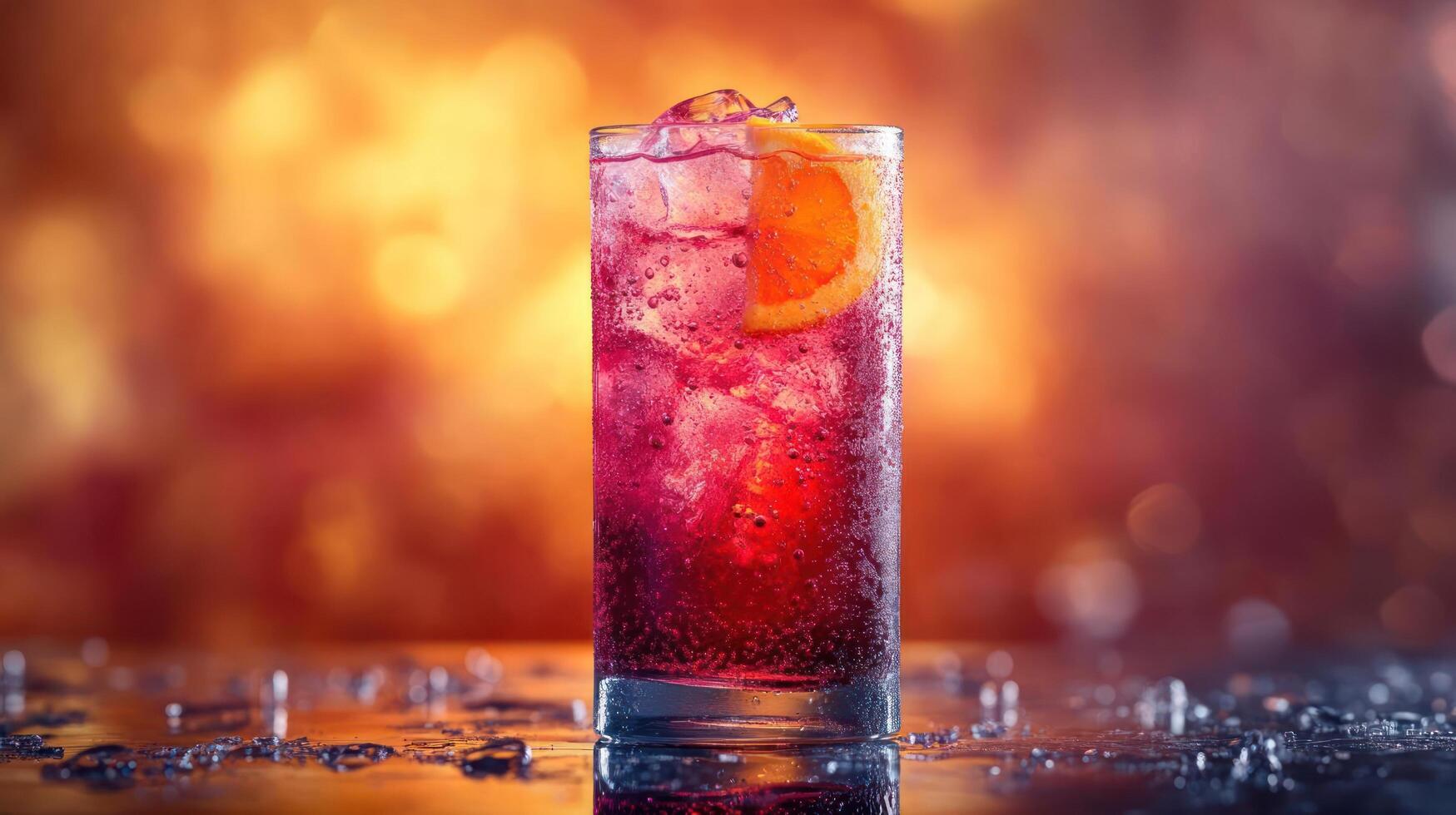 A refreshing red cocktail with ice and an orange slice photo