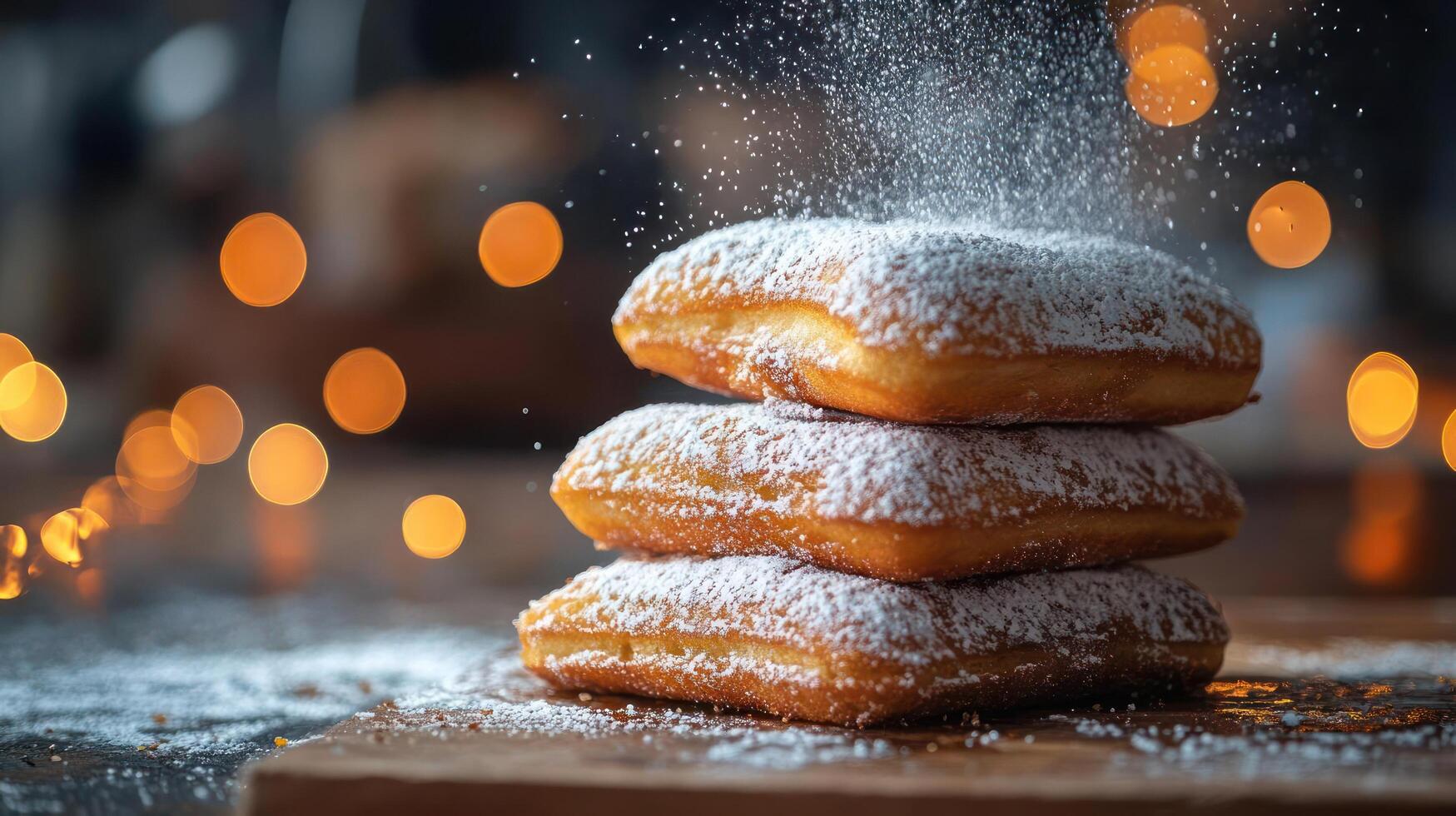 Three powdered sugar donuts stacked on top of each other photo
