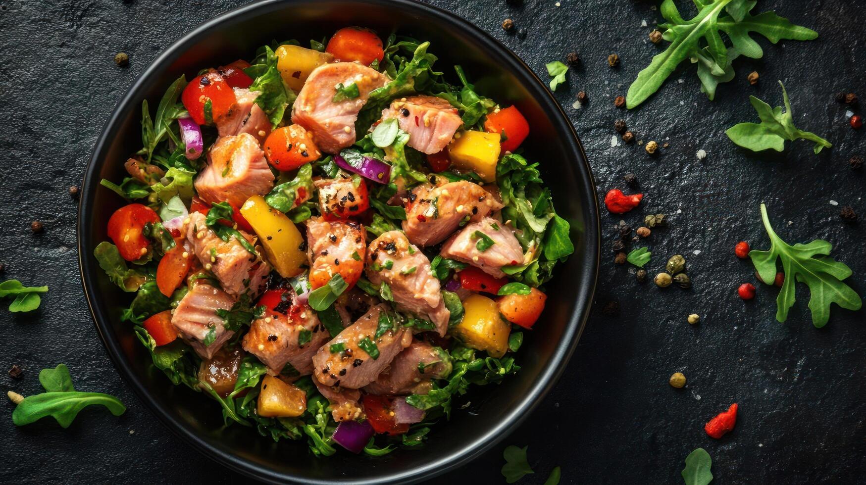 A delicious and healthy salad made with tuna, mango, and mixed greens photo