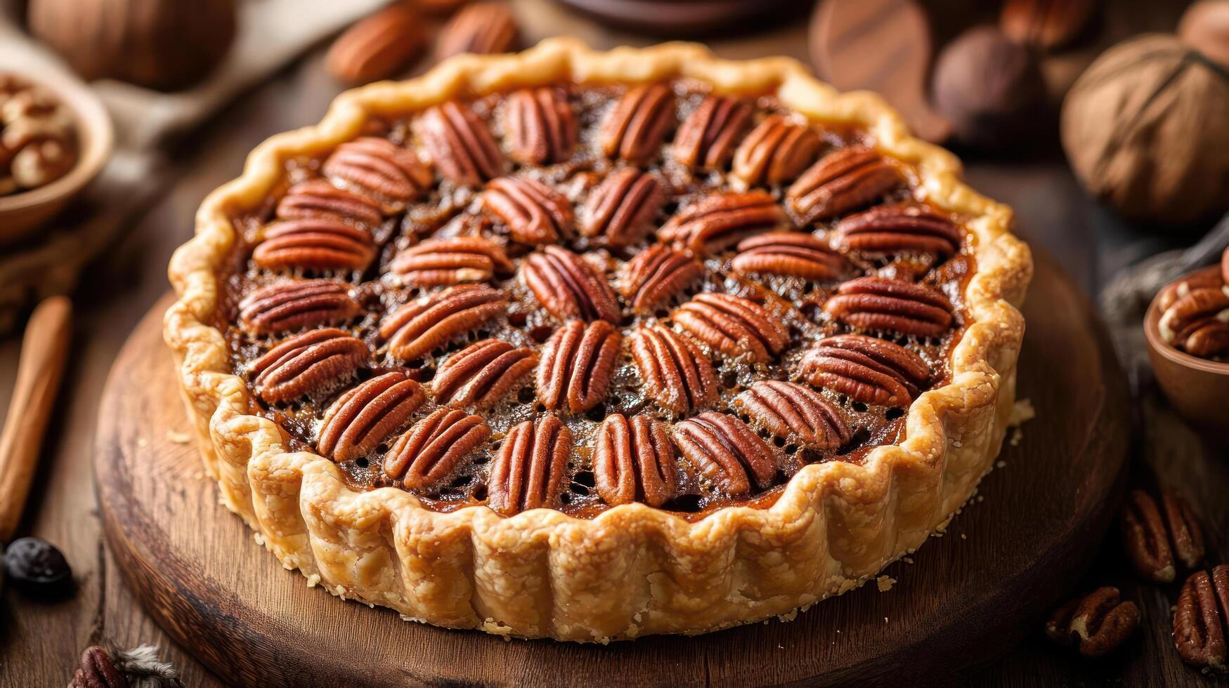 A pecan pie on a wooden table with pecans around it. photo