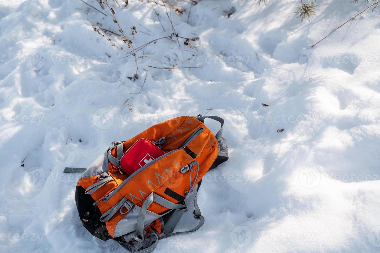 An orange backpack is laying in the soft, white snow, creating a colorful contrast against the winter landscape, inviting thoughts of adventures and fun while playing in the snow photo