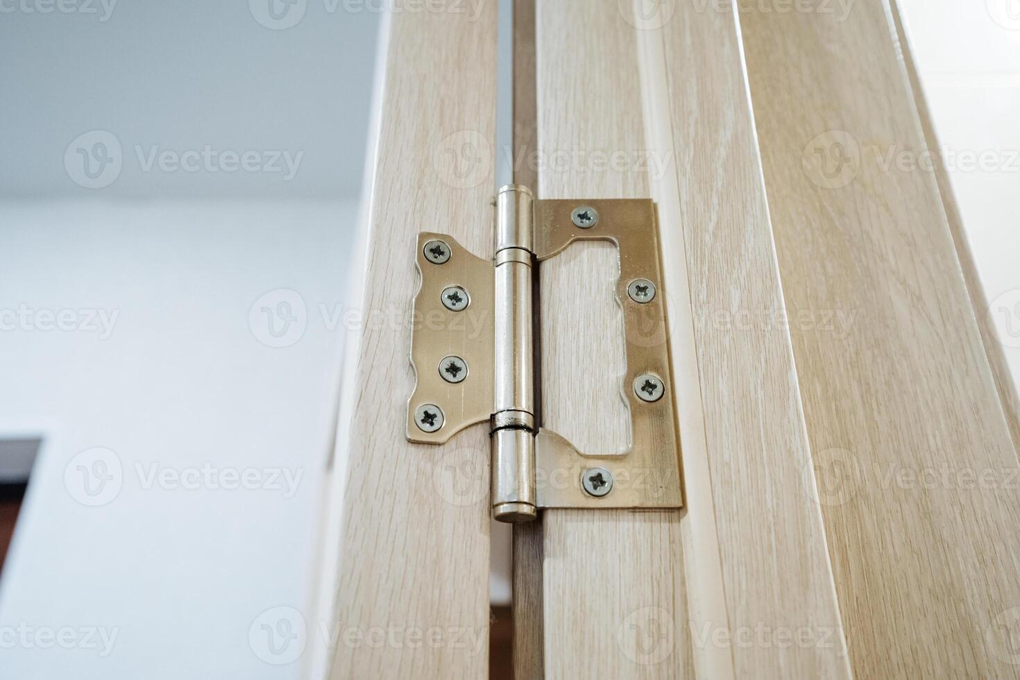 This image features a detailed closeup of a door hinge on a beautifully crafted wooden door, showcasing its intricate design and craftsmanship, embodying both functionality and style photo